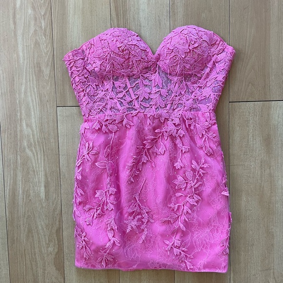 Dresses Strapless Pink Lace Dress With Corset Back And Sweetheart Cut